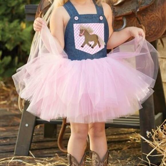 Mudpie Horse Pink Tutu Denim Overalls Dress 3T - Picture 1 of 5